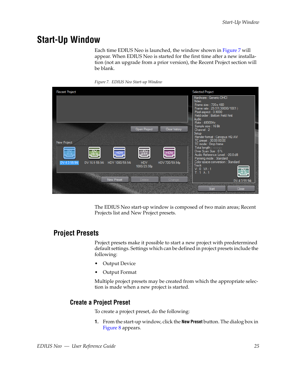 Start-up window, Project presets, Create a project preset | Grass Valley EDIUS Neo 2 User Manual | Page 25 / 608