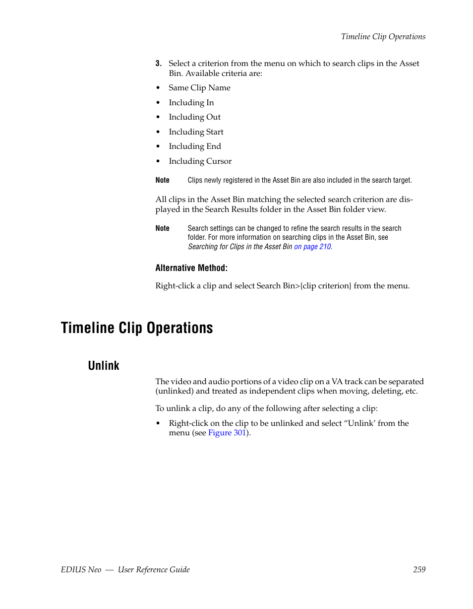 Timeline clip operations, Unlink | Grass Valley EDIUS Neo 2 User Manual | Page 259 / 608
