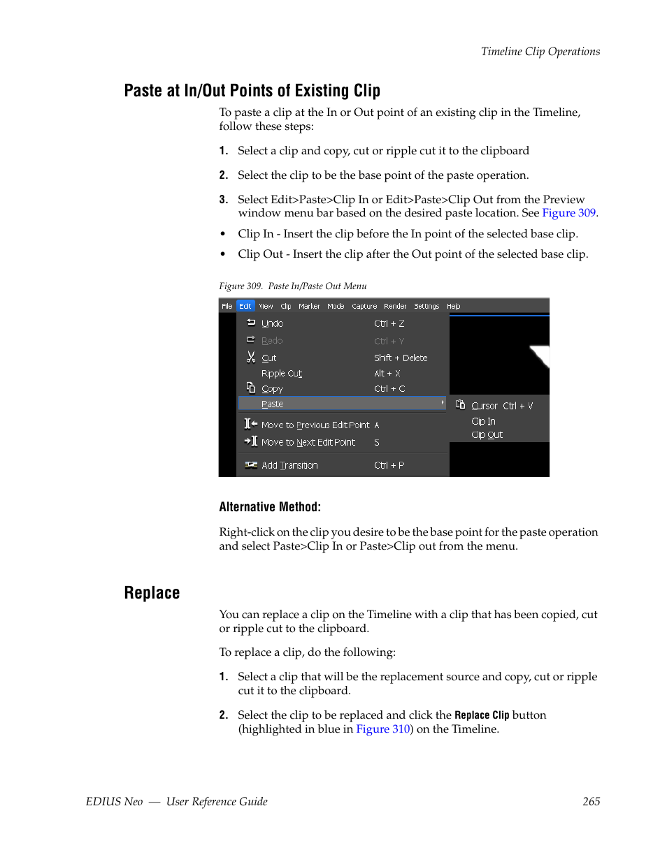 Paste at in/out points of existing clip, Replace | Grass Valley EDIUS Neo 2 User Manual | Page 265 / 608