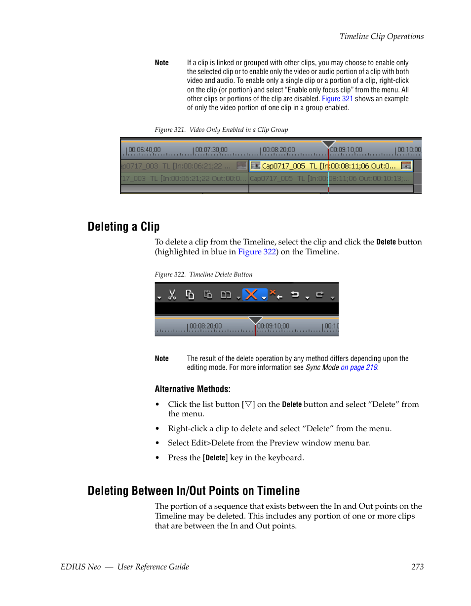 Deleting a clip, Deleting between in/out points on timeline | Grass Valley EDIUS Neo 2 User Manual | Page 273 / 608