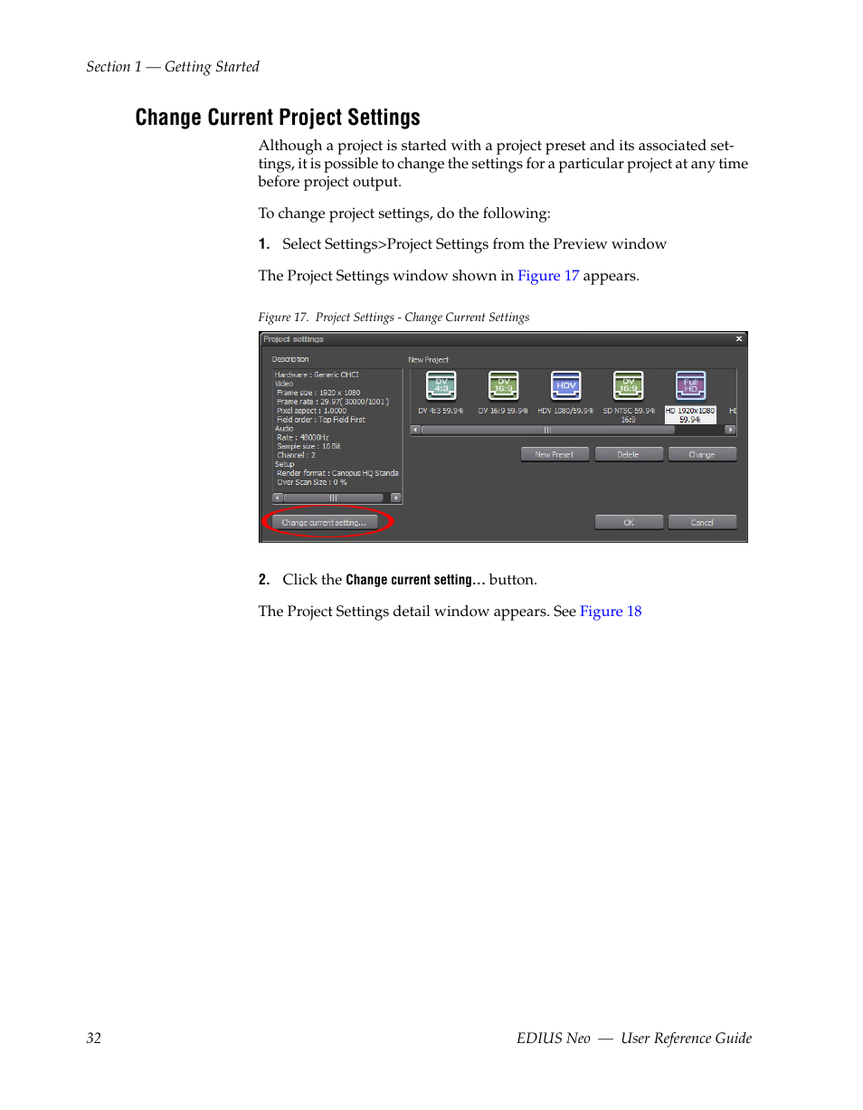 Change current project settings | Grass Valley EDIUS Neo 2 User Manual | Page 32 / 608