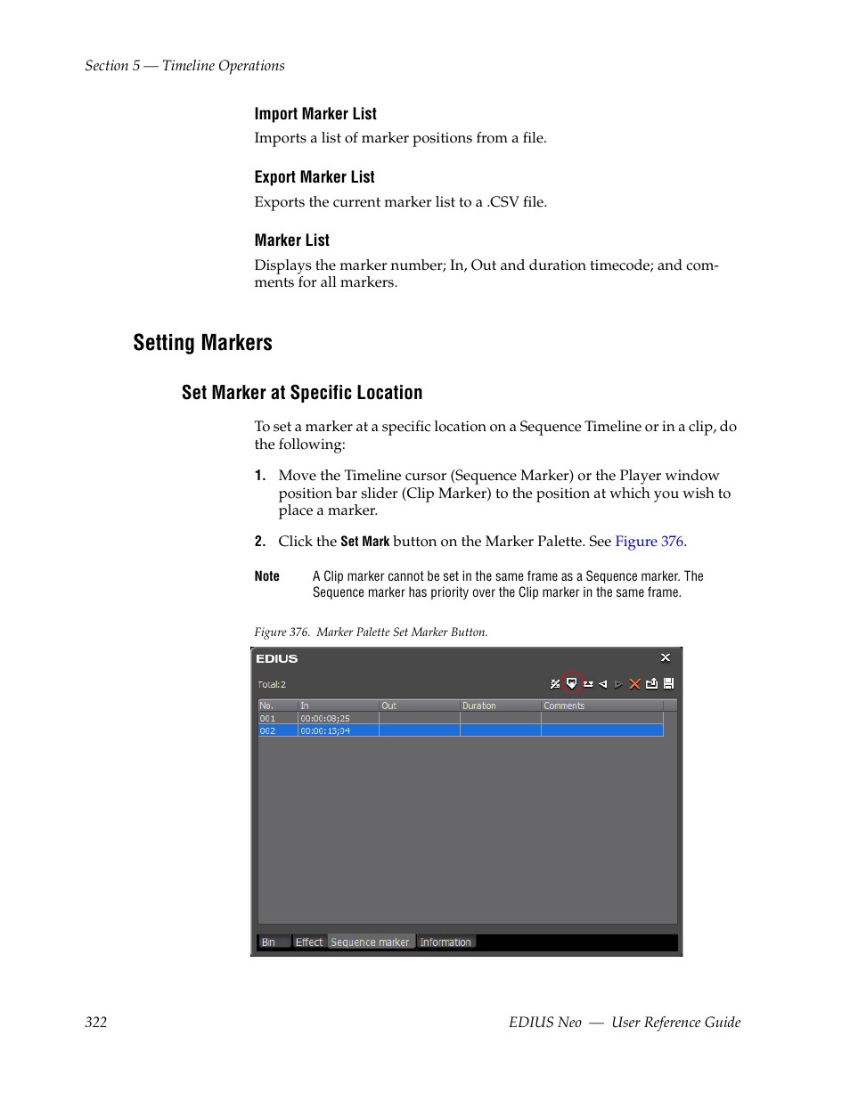 Setting markers, Set marker at specific location | Grass Valley EDIUS Neo 2 User Manual | Page 322 / 608