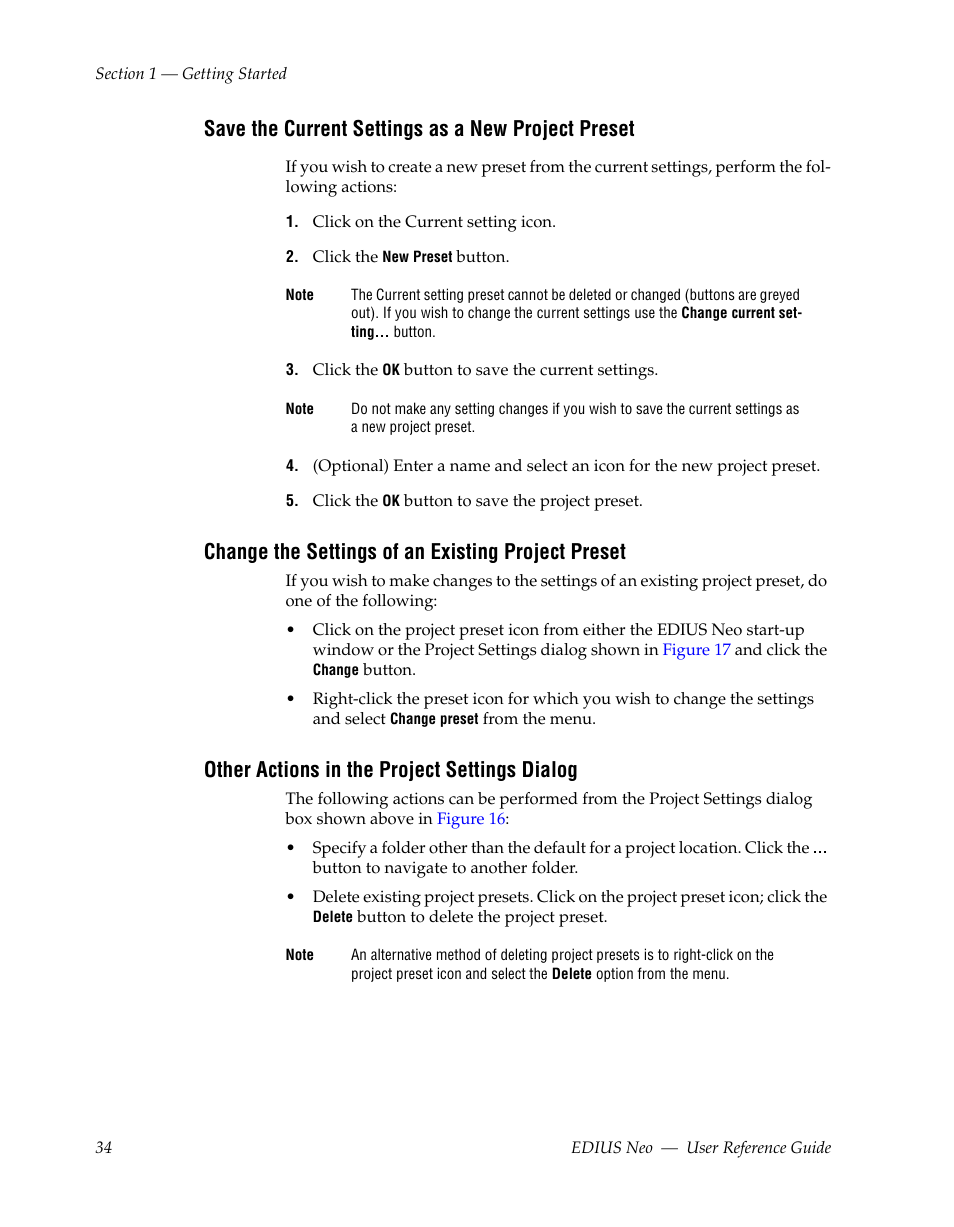 Save the current settings as a new project preset, Change the settings of an existing project preset, Other actions in the project settings dialog | Grass Valley EDIUS Neo 2 User Manual | Page 34 / 608