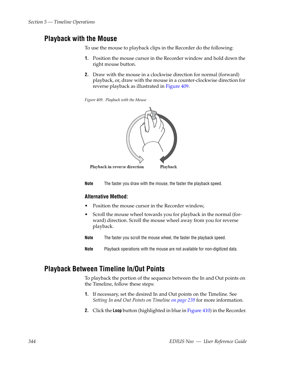 Playback with the mouse, Playback between timeline in/out points | Grass Valley EDIUS Neo 2 User Manual | Page 344 / 608