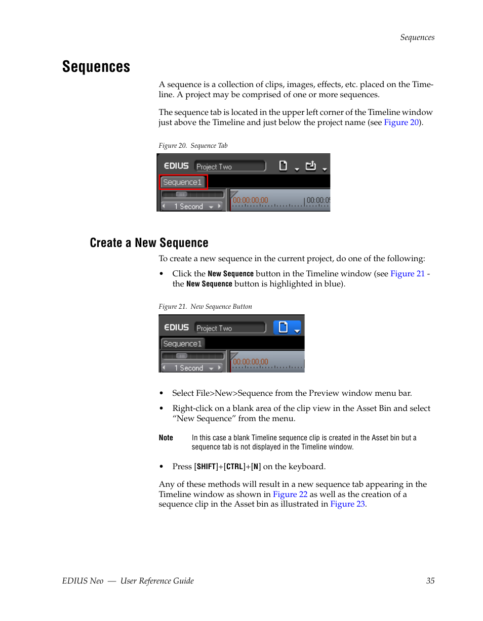 Sequences, Create a new sequence, See sequences | Grass Valley EDIUS Neo 2 User Manual | Page 35 / 608