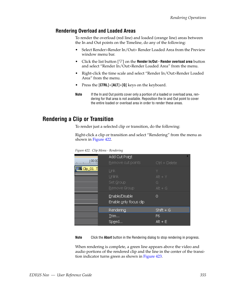 Rendering overload and loaded areas, Rendering a clip or transition | Grass Valley EDIUS Neo 2 User Manual | Page 355 / 608