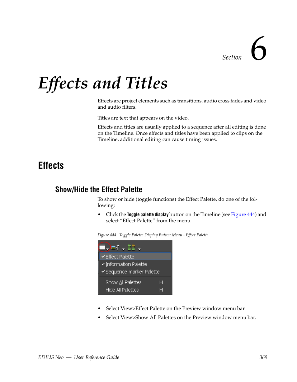 Effects and titles, Effects, Show/hide the effect palette | Section 6 — effects and titles, Ee effects | Grass Valley EDIUS Neo 2 User Manual | Page 369 / 608