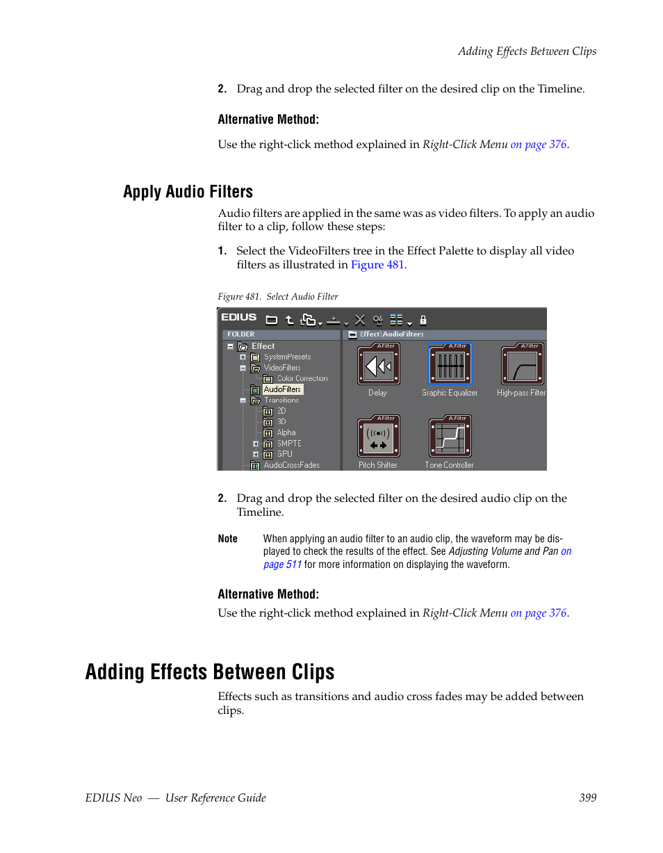 Apply audio filters, Adding effects between clips | Grass Valley EDIUS Neo 2 User Manual | Page 399 / 608