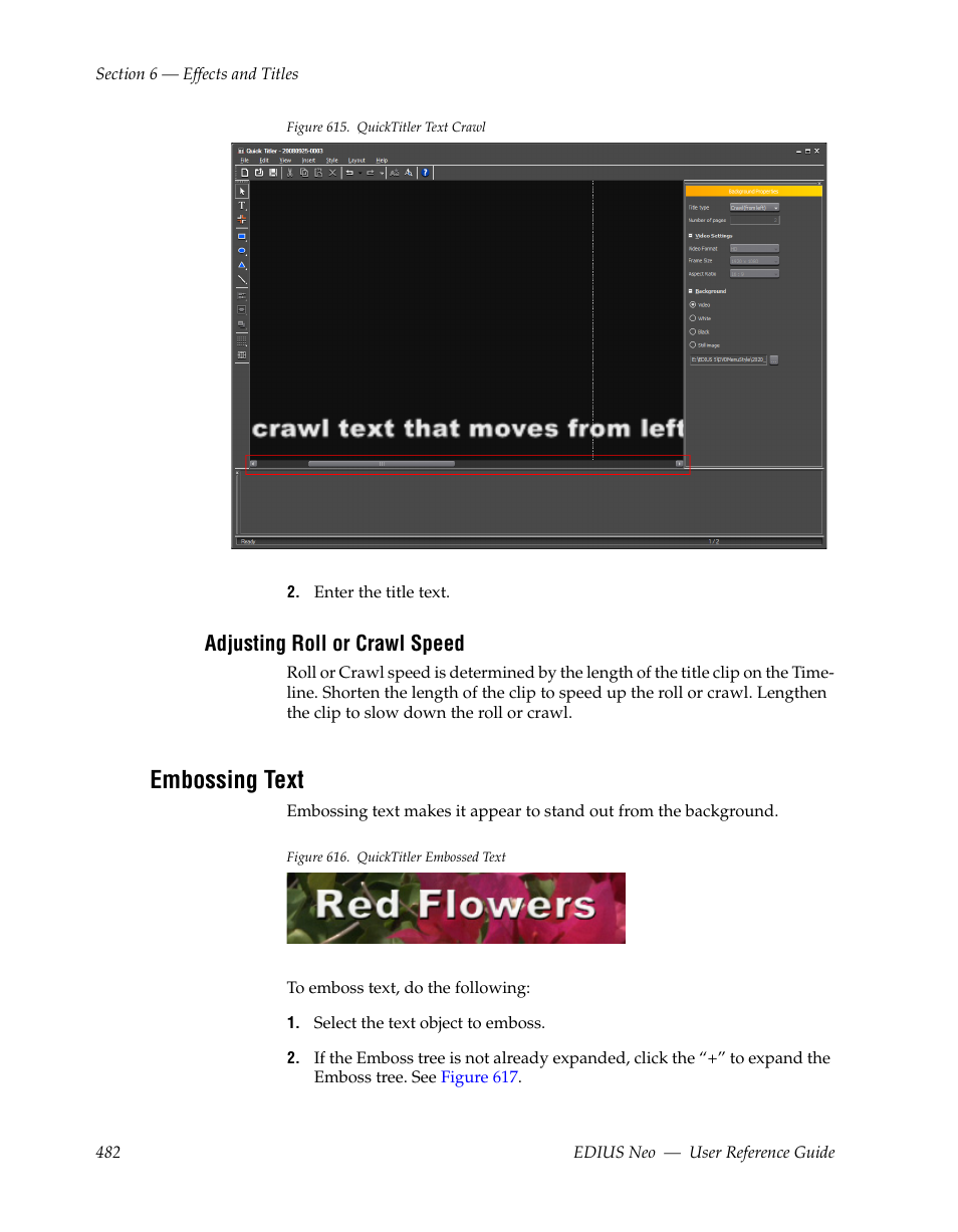 Adjusting roll or crawl speed, Embossing text | Grass Valley EDIUS Neo 2 User Manual | Page 482 / 608