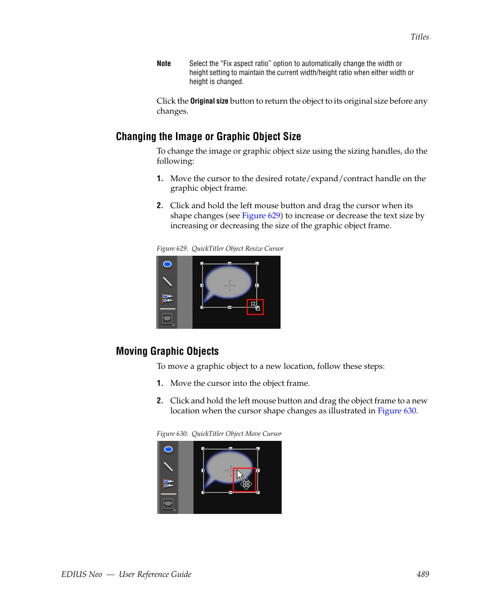 Changing the image or graphic object size, Moving graphic objects | Grass Valley EDIUS Neo 2 User Manual | Page 489 / 608