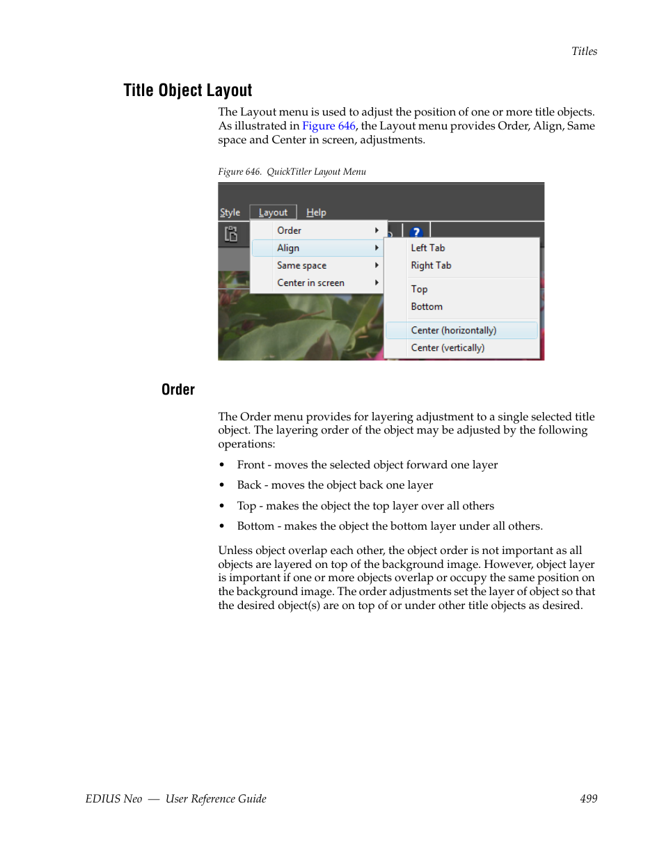 Title object layout, Order | Grass Valley EDIUS Neo 2 User Manual | Page 499 / 608