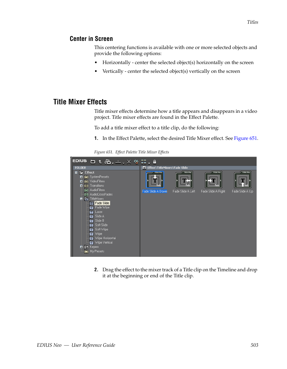 Center in screen, Title mixer effects, E center in screen | Grass Valley EDIUS Neo 2 User Manual | Page 503 / 608