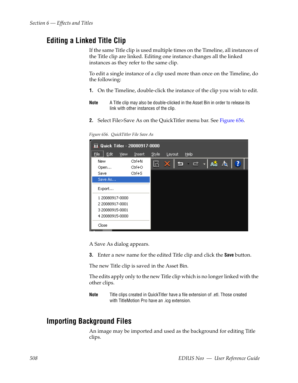 Editing a linked title clip, Importing background files | Grass Valley EDIUS Neo 2 User Manual | Page 508 / 608