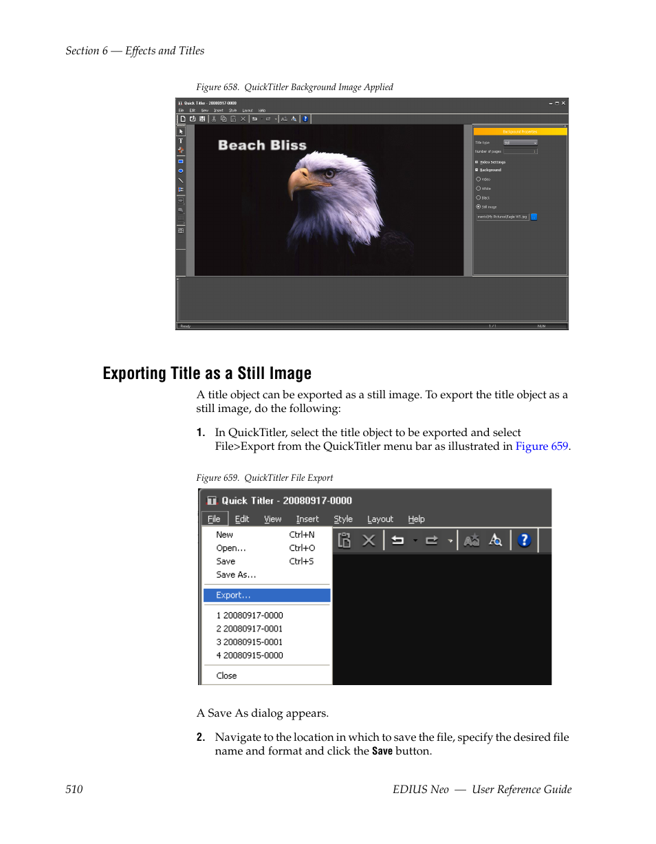 Exporting title as a still image, Figure 658 | Grass Valley EDIUS Neo 2 User Manual | Page 510 / 608