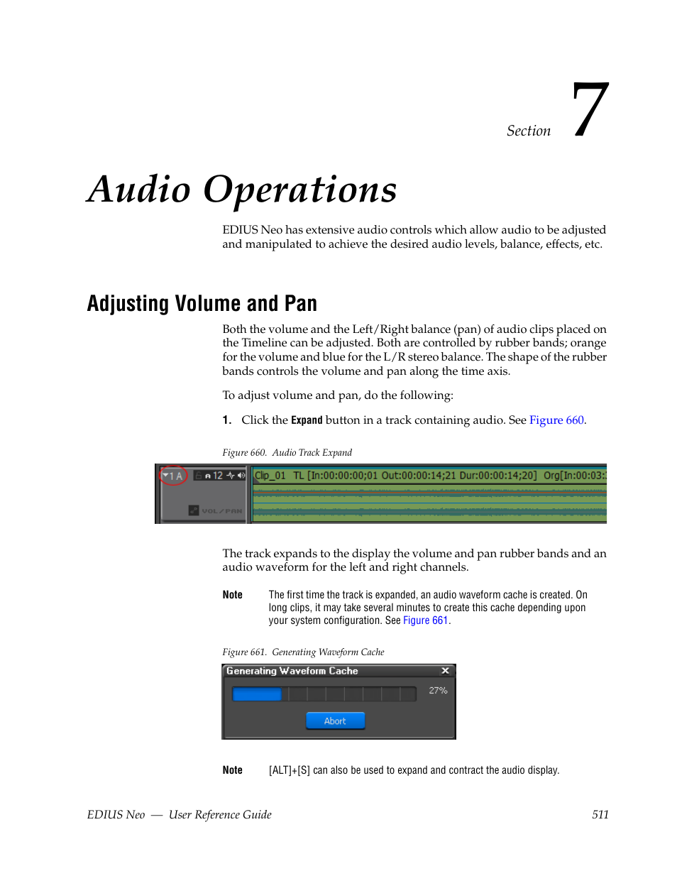 Audio operations, Adjusting volume and pan, Section 7 — audio operations | See adjusting volume and pan | Grass Valley EDIUS Neo 2 User Manual | Page 511 / 608