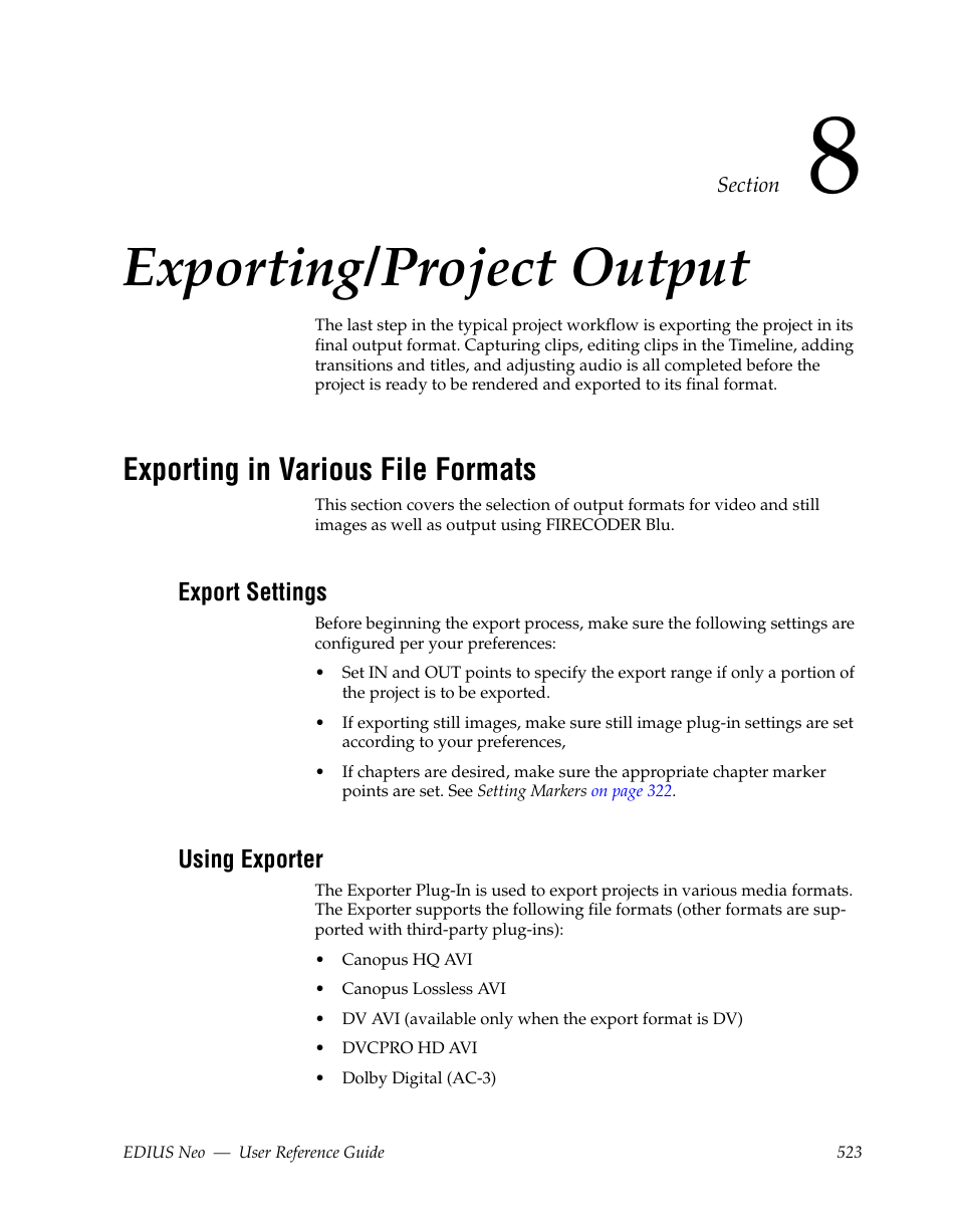 Exporting/project output, Exporting in various file formats, Export settings | Using exporter, Section 8 — exporting/project output | Grass Valley EDIUS Neo 2 User Manual | Page 523 / 608