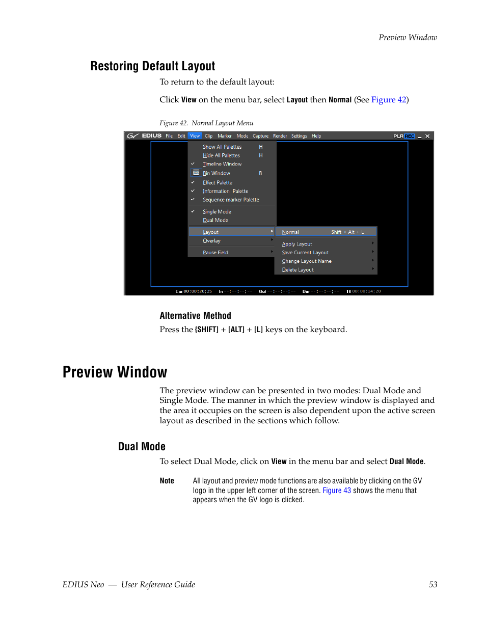 Restoring default layout, Preview window, Dual mode | D. see preview window | Grass Valley EDIUS Neo 2 User Manual | Page 53 / 608