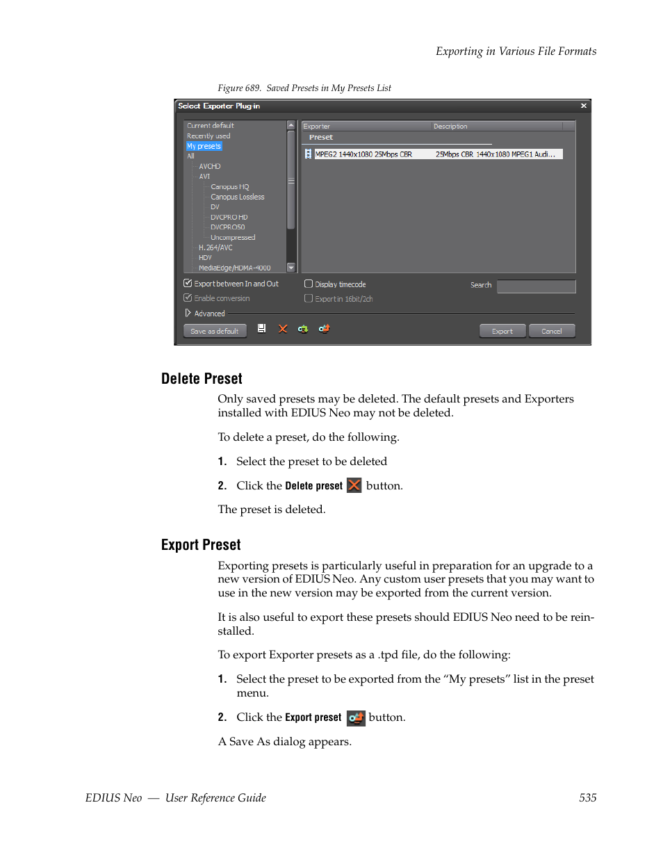 Delete preset, Export preset | Grass Valley EDIUS Neo 2 User Manual | Page 535 / 608