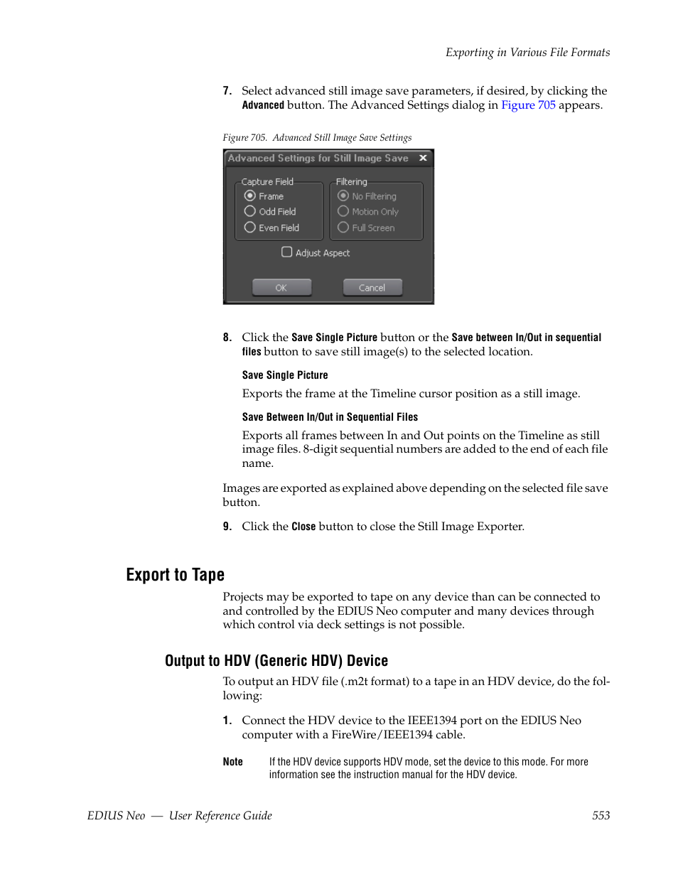 Export to tape, Output to hdv (generic hdv) device | Grass Valley EDIUS Neo 2 User Manual | Page 553 / 608