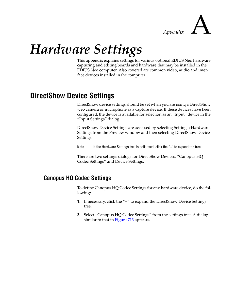 Hardware settings, Directshow device settings, Canopus hq codec settings | Section a — hardware settings | Grass Valley EDIUS Neo 2 User Manual | Page 559 / 608