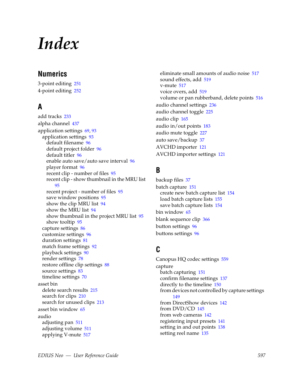 Index, Numerics | Grass Valley EDIUS Neo 2 User Manual | Page 597 / 608