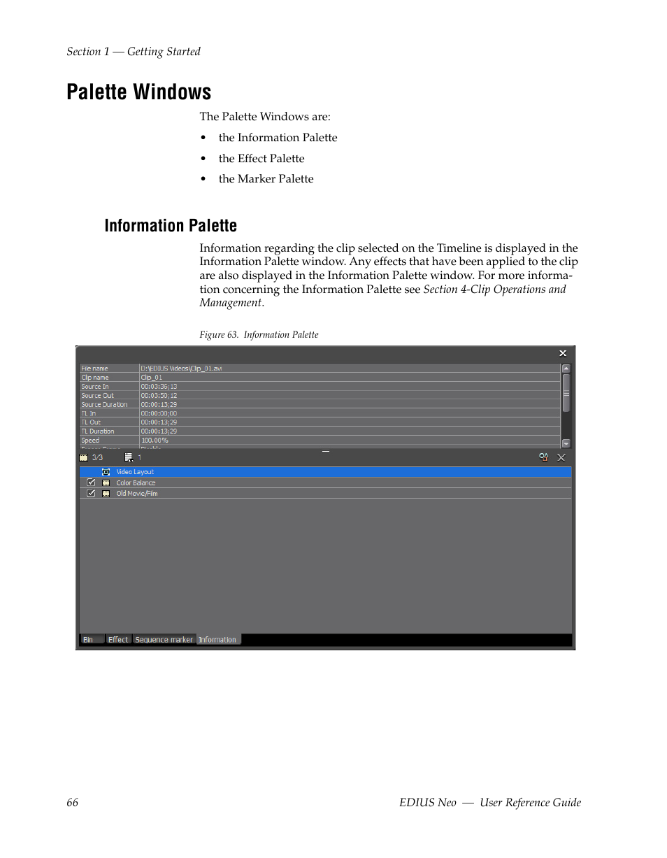 Palette windows, Information palette | Grass Valley EDIUS Neo 2 User Manual | Page 66 / 608
