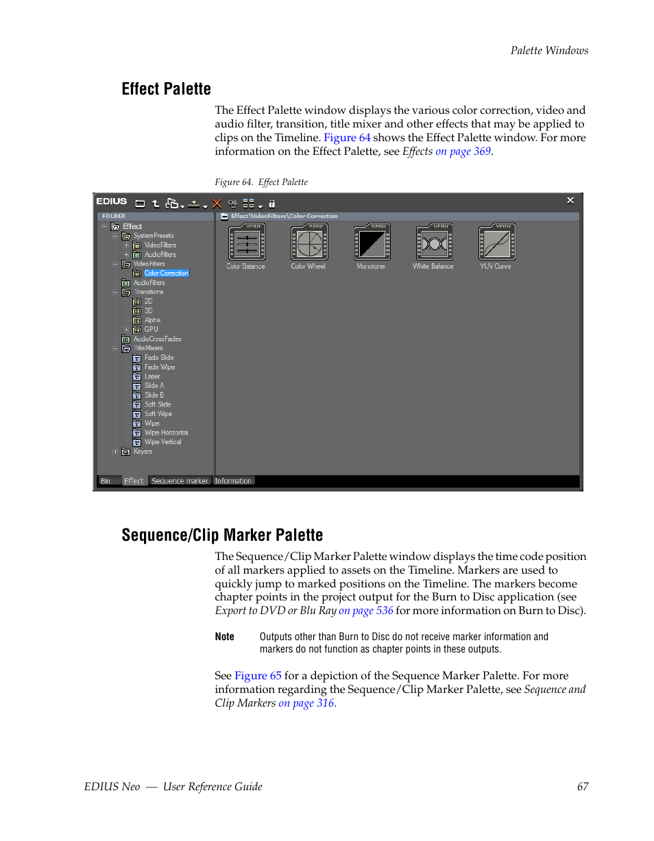 Effect palette, Sequence/clip marker palette | Grass Valley EDIUS Neo 2 User Manual | Page 67 / 608