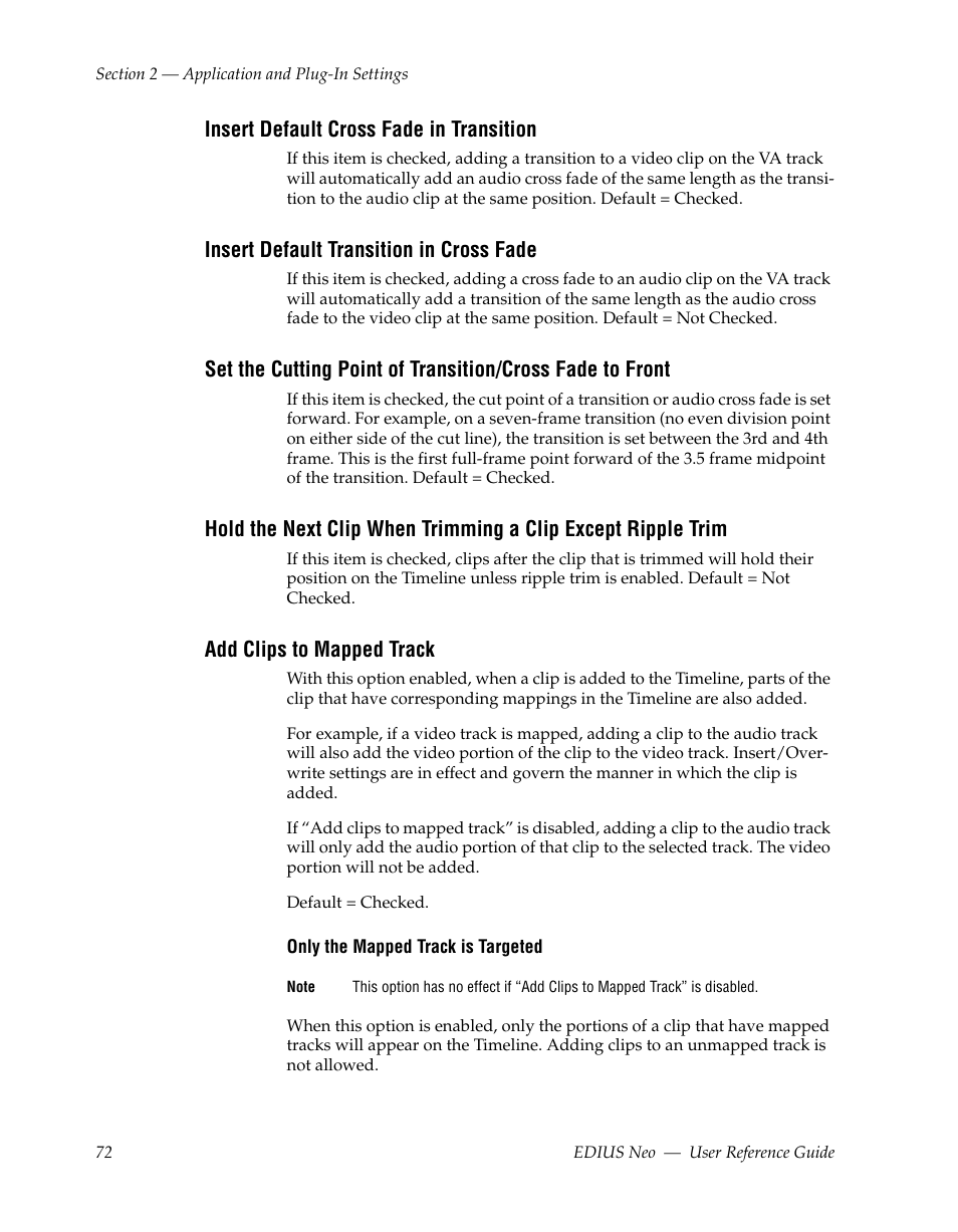 Insert default cross fade in transition, Insert default transition in cross fade, Add clips to mapped track | Grass Valley EDIUS Neo 2 User Manual | Page 72 / 608