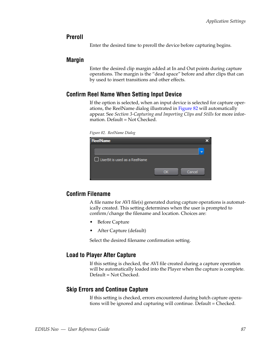 Preroll, Margin, Confirm reel name when setting input device | Confirm filename, Load to player after capture, Skip errors and continue capture | Grass Valley EDIUS Neo 2 User Manual | Page 87 / 608