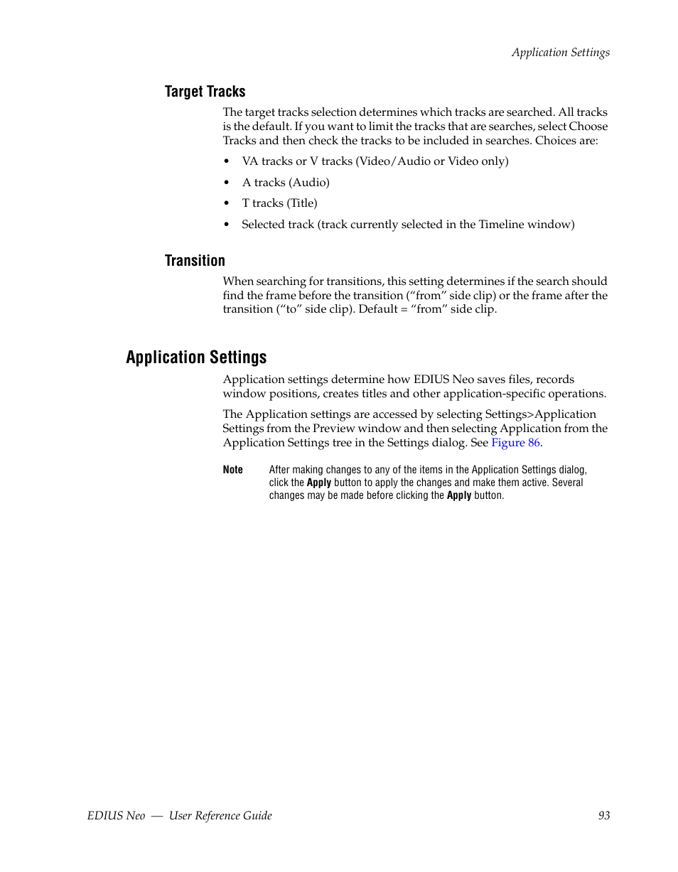 Target tracks, Transition, Application settings | Grass Valley EDIUS Neo 2 User Manual | Page 93 / 608
