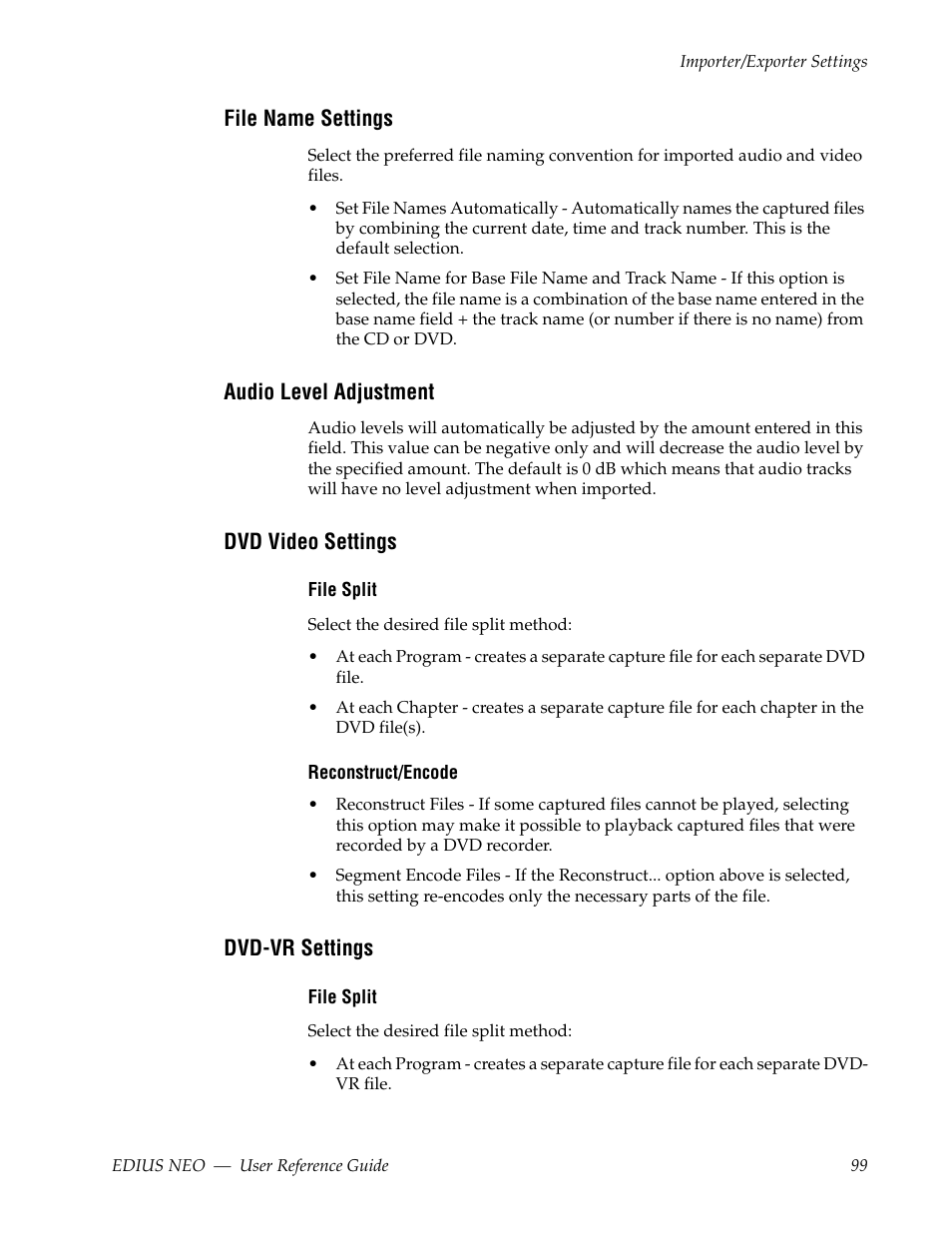 File name settings, Audio level adjustment, Dvd video settings | Dvd-vr settings | Grass Valley EDIUS Neo 3 User Manual | Page 101 / 802