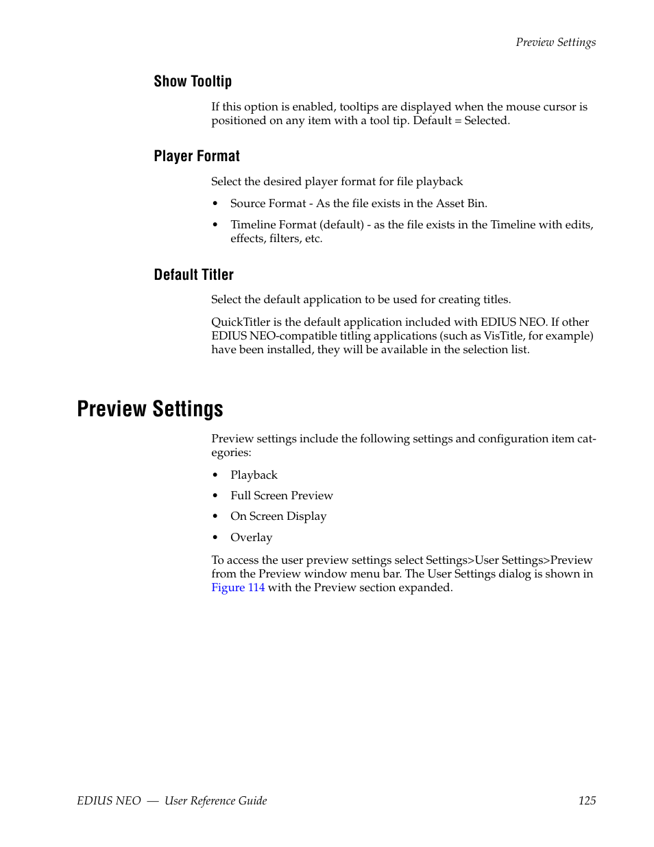 Show tooltip, Player format, Default titler | Preview settings | Grass Valley EDIUS Neo 3 User Manual | Page 127 / 802
