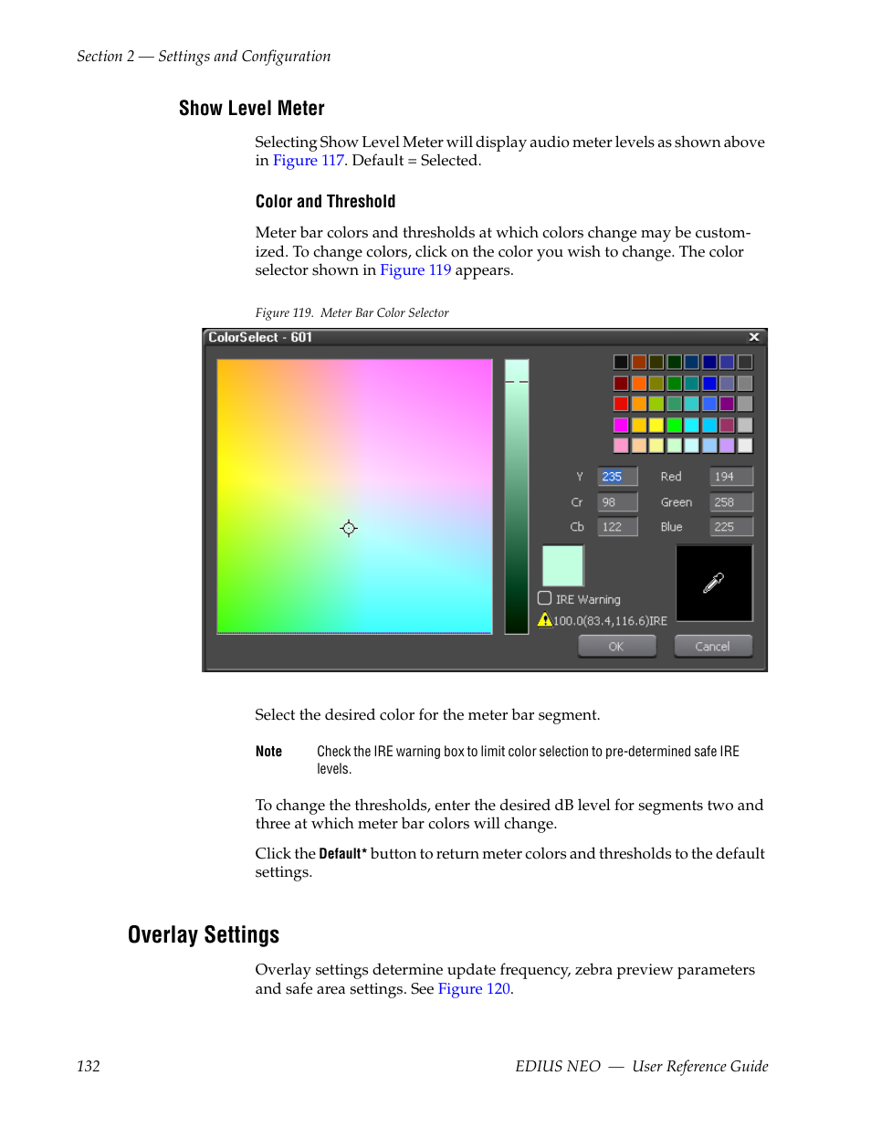 Show level meter, Overlay settings | Grass Valley EDIUS Neo 3 User Manual | Page 134 / 802