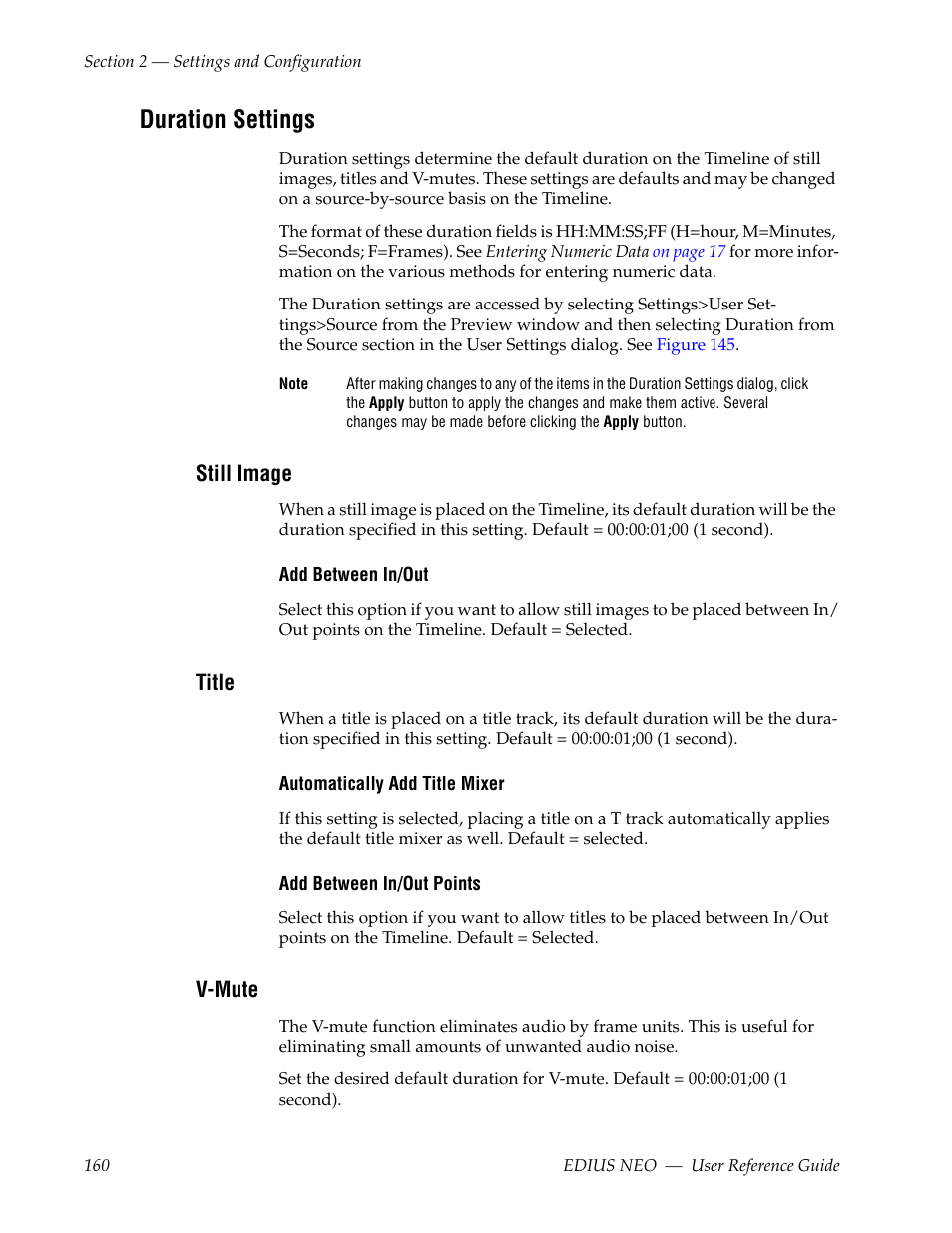 Duration settings, Still image, Title | V-mute | Grass Valley EDIUS Neo 3 User Manual | Page 162 / 802