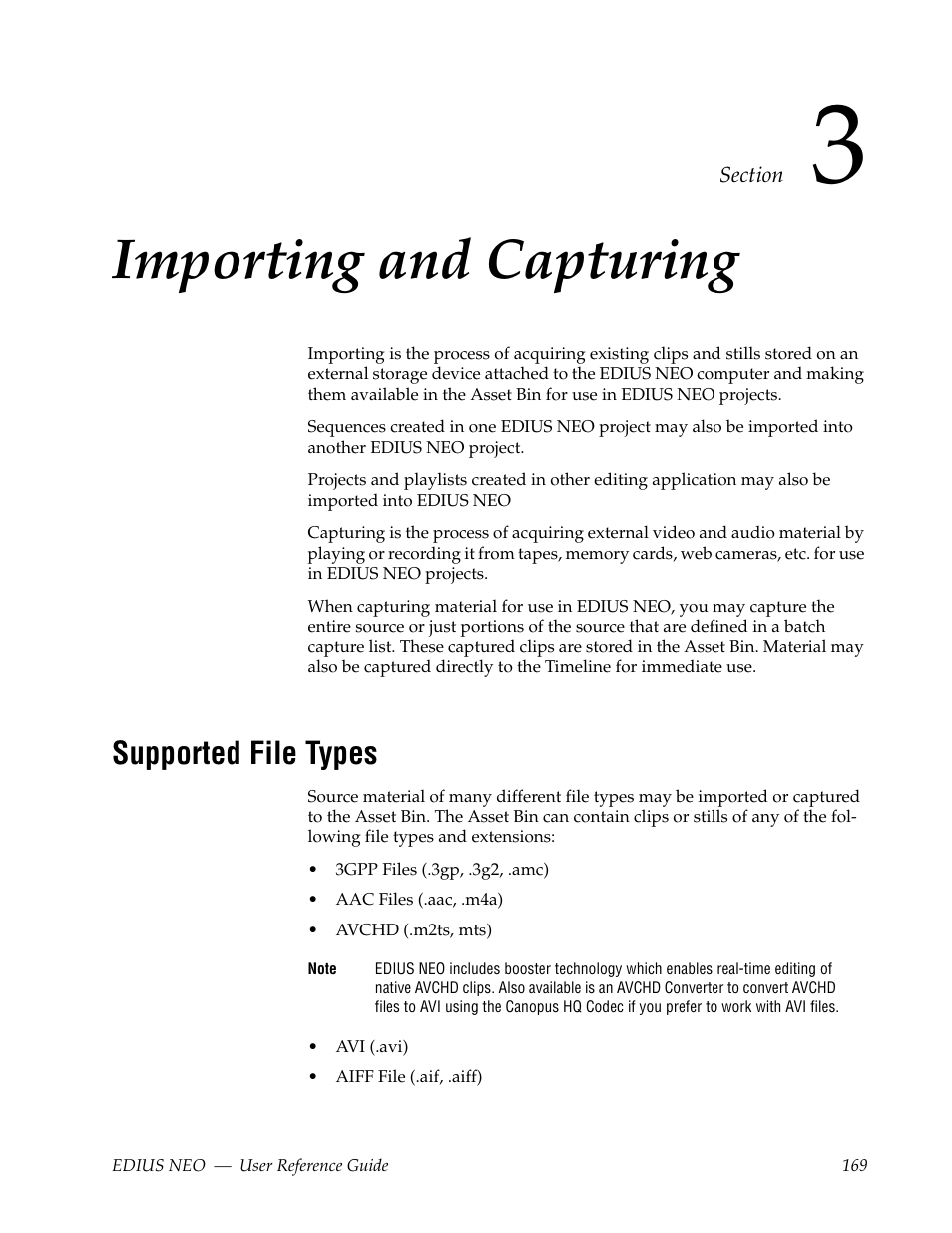 Importing and capturing, Supported file types, Section 3 — importing and capturing | Section 3-importing and capturing | Grass Valley EDIUS Neo 3 User Manual | Page 171 / 802