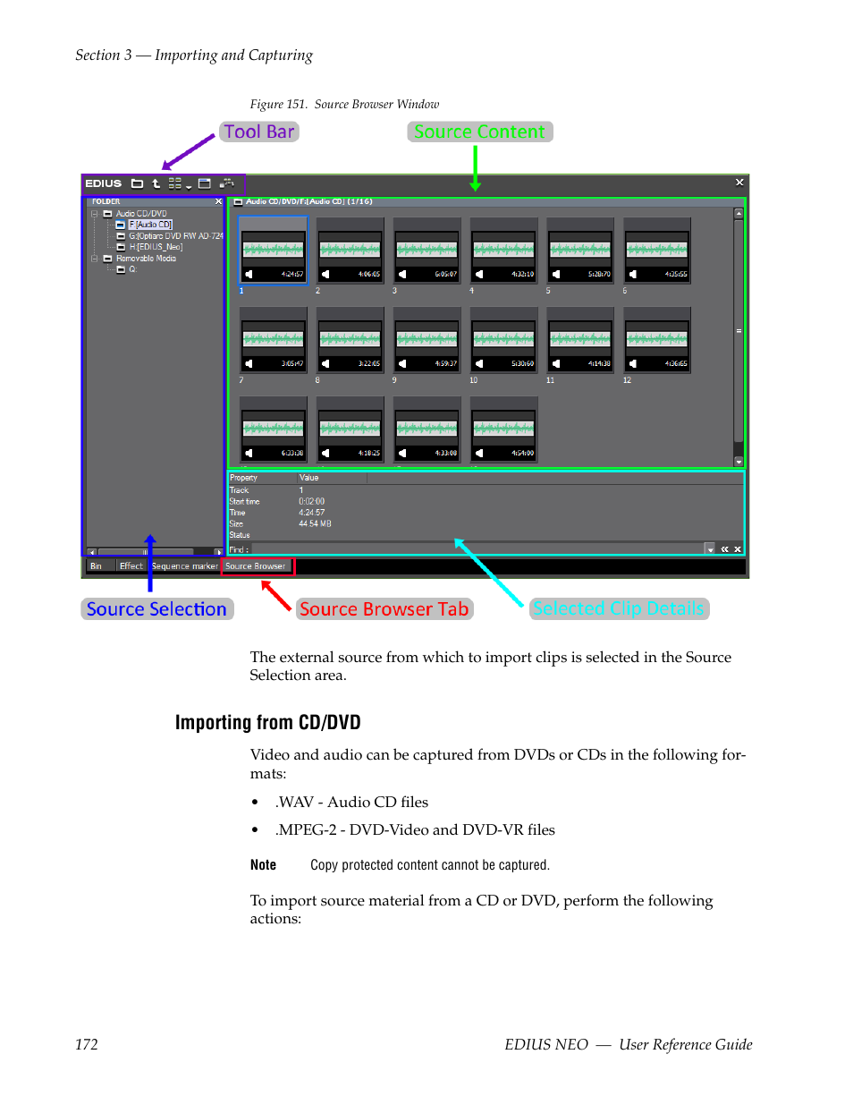 Importing from cd/dvd, Ndow is depicted in, Figure 151 | Grass Valley EDIUS Neo 3 User Manual | Page 174 / 802