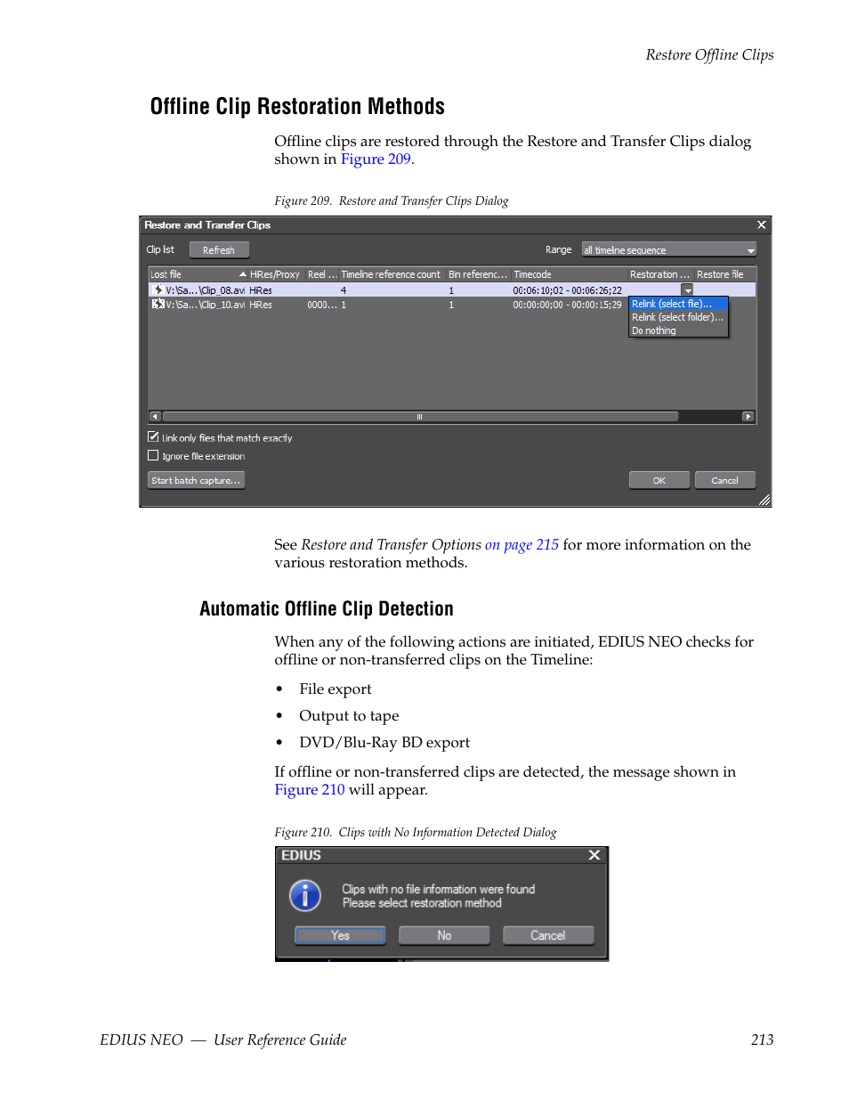 Offline clip restoration methods, Automatic offline clip detection | Grass Valley EDIUS Neo 3 User Manual | Page 215 / 802
