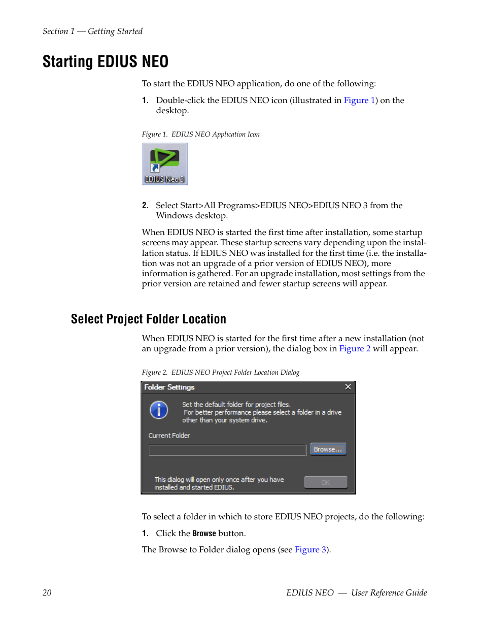 Starting edius neo, Select project folder location | Grass Valley EDIUS Neo 3 User Manual | Page 22 / 802