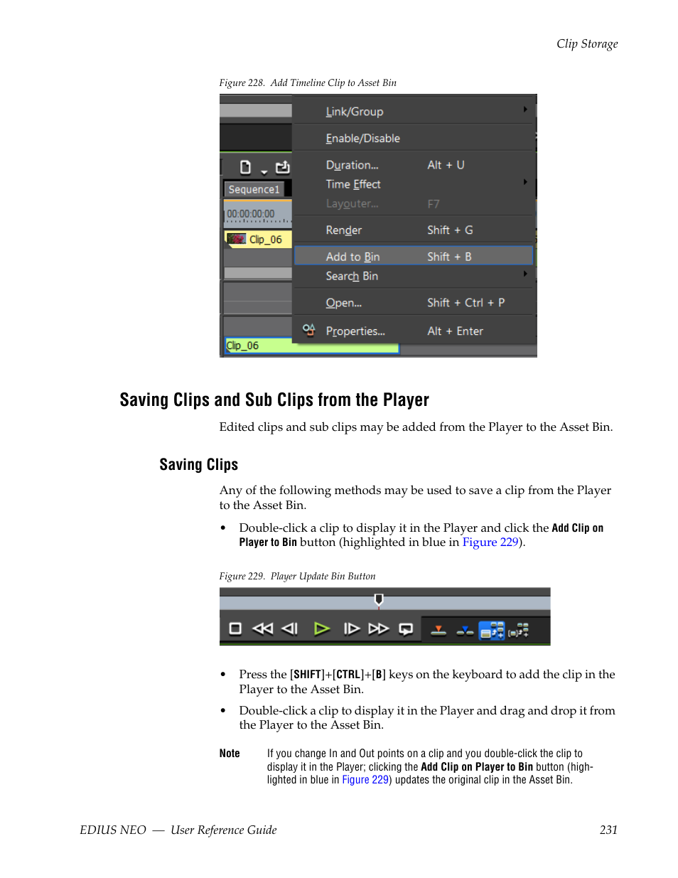 Saving clips and sub clips from the player, Saving clips, Figure 228 | Grass Valley EDIUS Neo 3 User Manual | Page 233 / 802