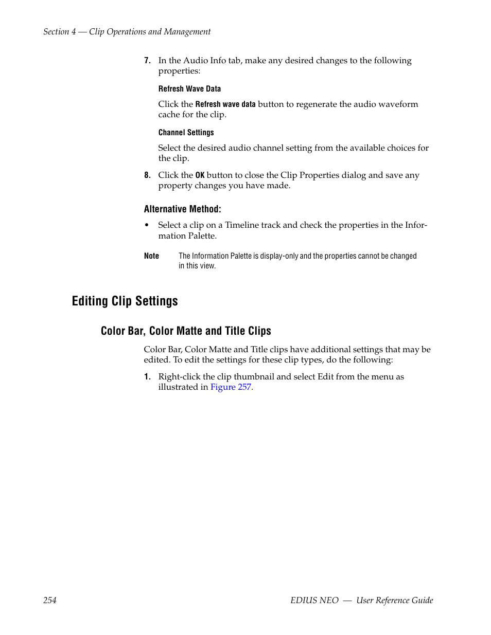 Editing clip settings, Color bar, color matte and title clips | Grass Valley EDIUS Neo 3 User Manual | Page 256 / 802