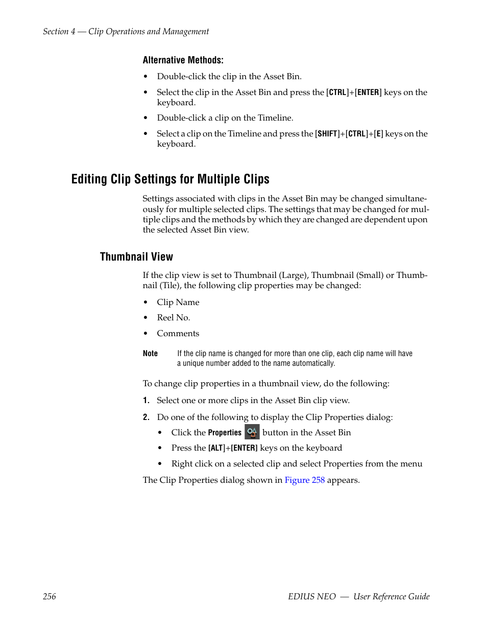 Editing clip settings for multiple clips, Thumbnail view | Grass Valley EDIUS Neo 3 User Manual | Page 258 / 802