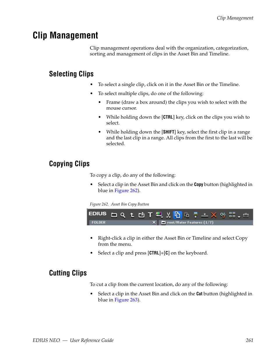 Clip management, Selecting clips, Copying clips | Cutting clips | Grass Valley EDIUS Neo 3 User Manual | Page 263 / 802
