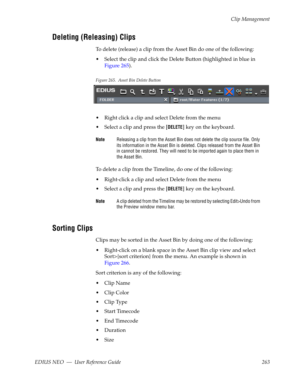 Deleting (releasing) clips, Sorting clips | Grass Valley EDIUS Neo 3 User Manual | Page 265 / 802