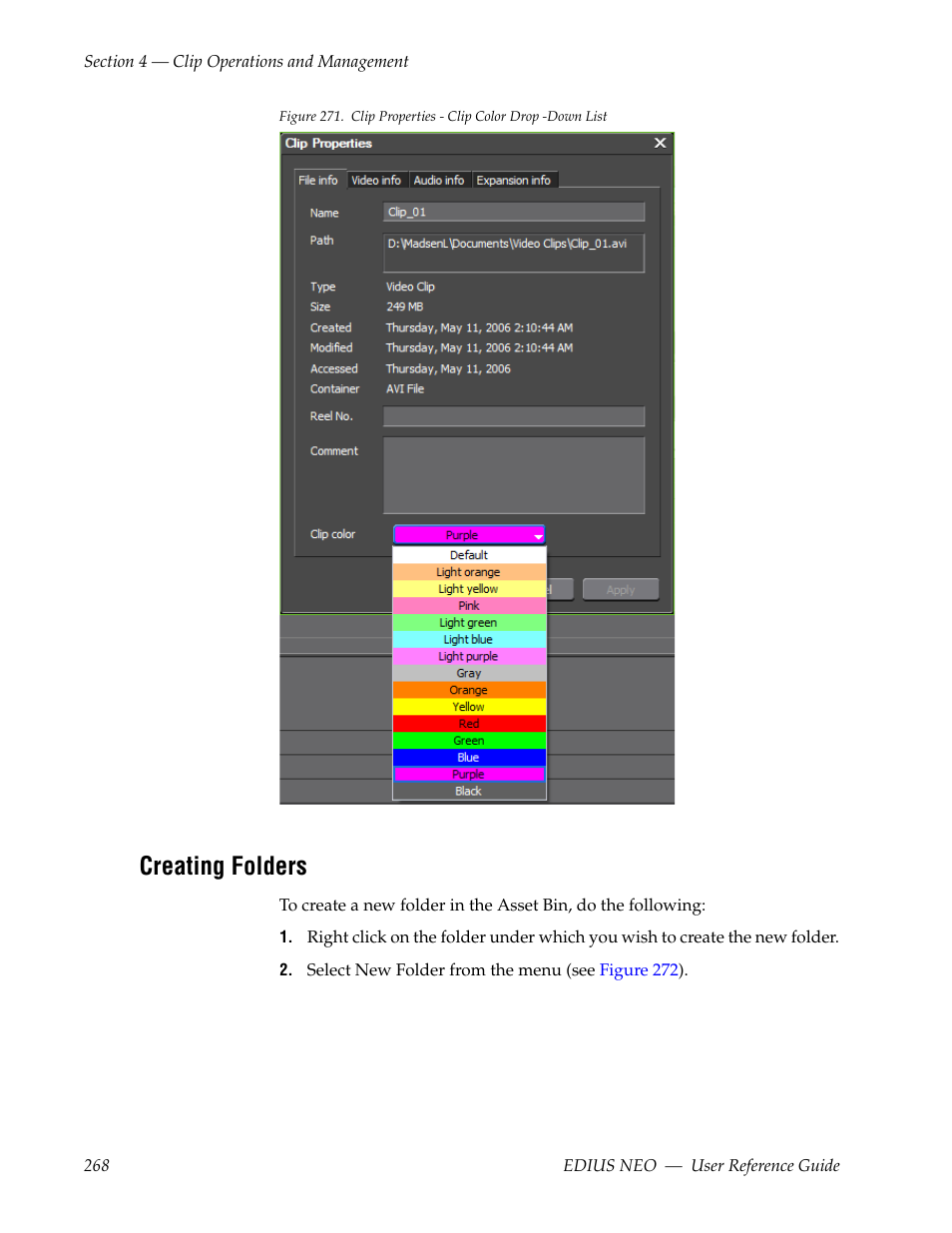 Creating folders, Op-down list as illustrated in, Figure 271 | Grass Valley EDIUS Neo 3 User Manual | Page 270 / 802