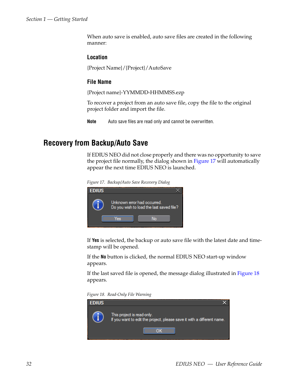Recovery from backup/auto save | Grass Valley EDIUS Neo 3 User Manual | Page 34 / 802