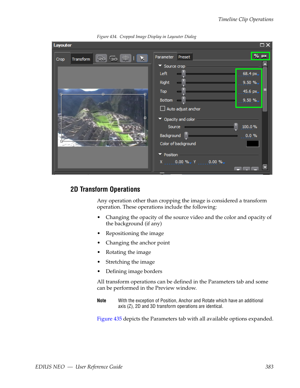 2d transform operations, See 2d transform operations, Figure 434 | In which the | Grass Valley EDIUS Neo 3 User Manual | Page 385 / 802