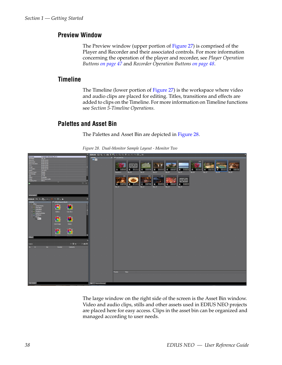 Preview window, Timeline, Palettes and asset bin | Figure 28 | Grass Valley EDIUS Neo 3 User Manual | Page 40 / 802