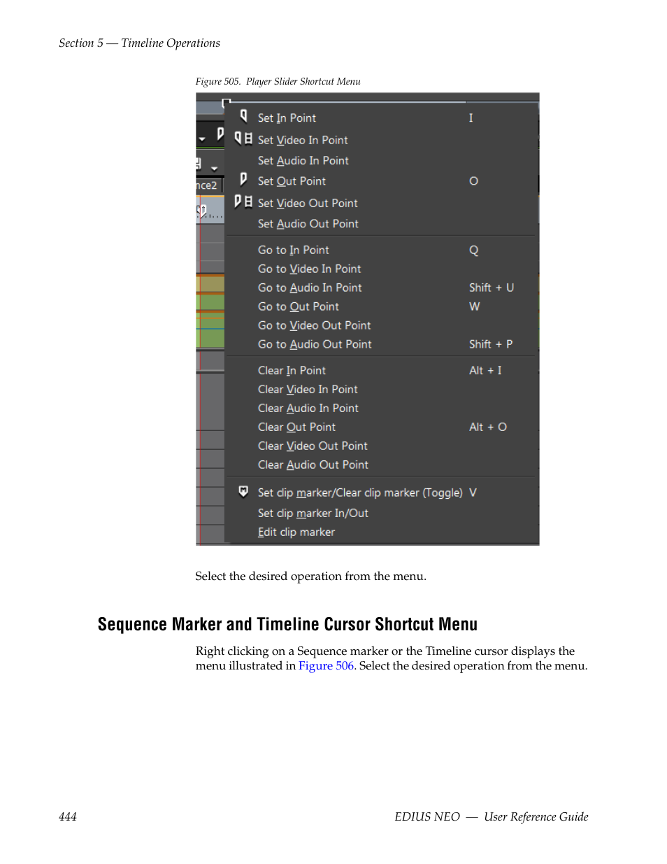Sequence marker and timeline cursor shortcut menu, Figure 505 | Grass Valley EDIUS Neo 3 User Manual | Page 446 / 802