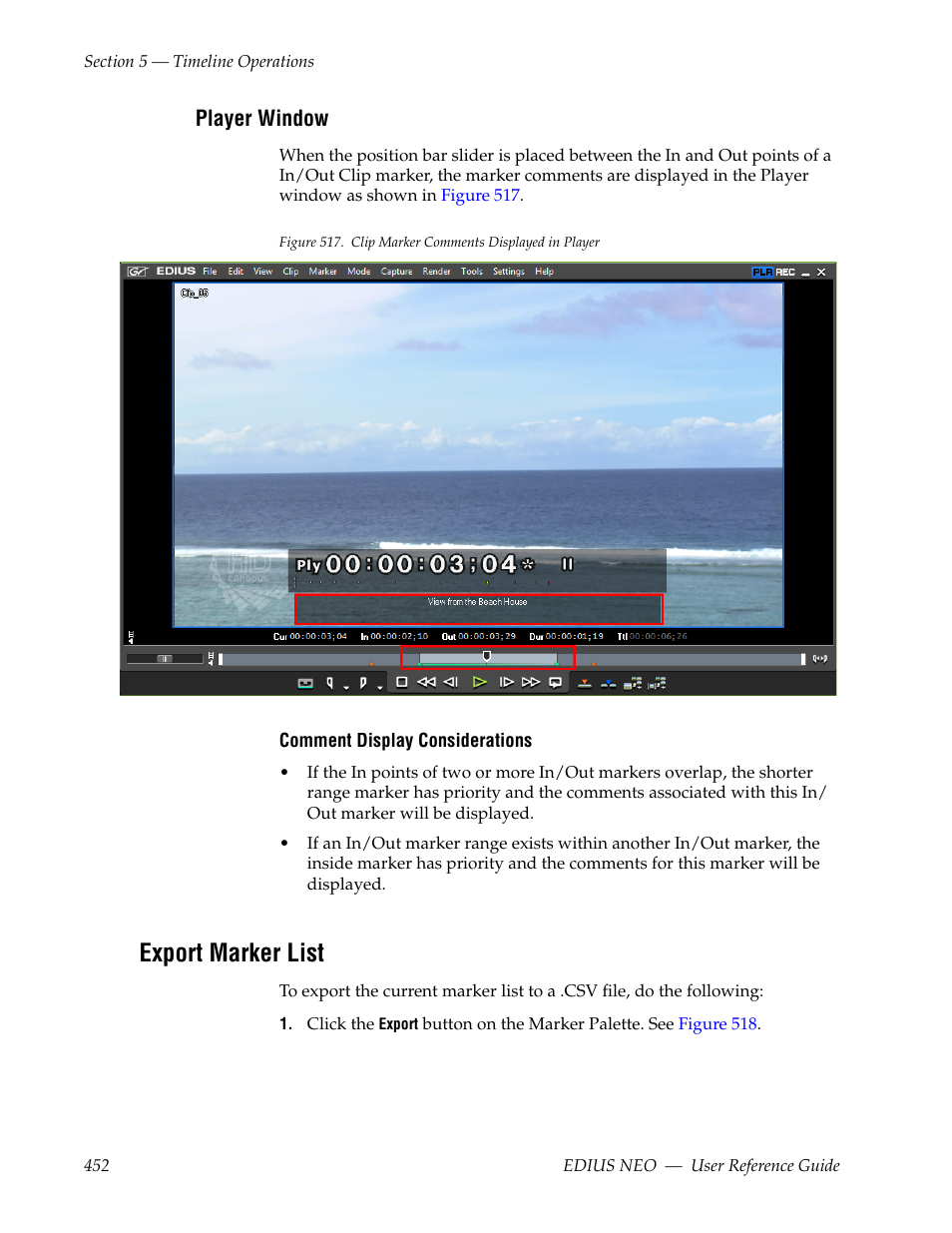 Player window, Export marker list | Grass Valley EDIUS Neo 3 User Manual | Page 454 / 802