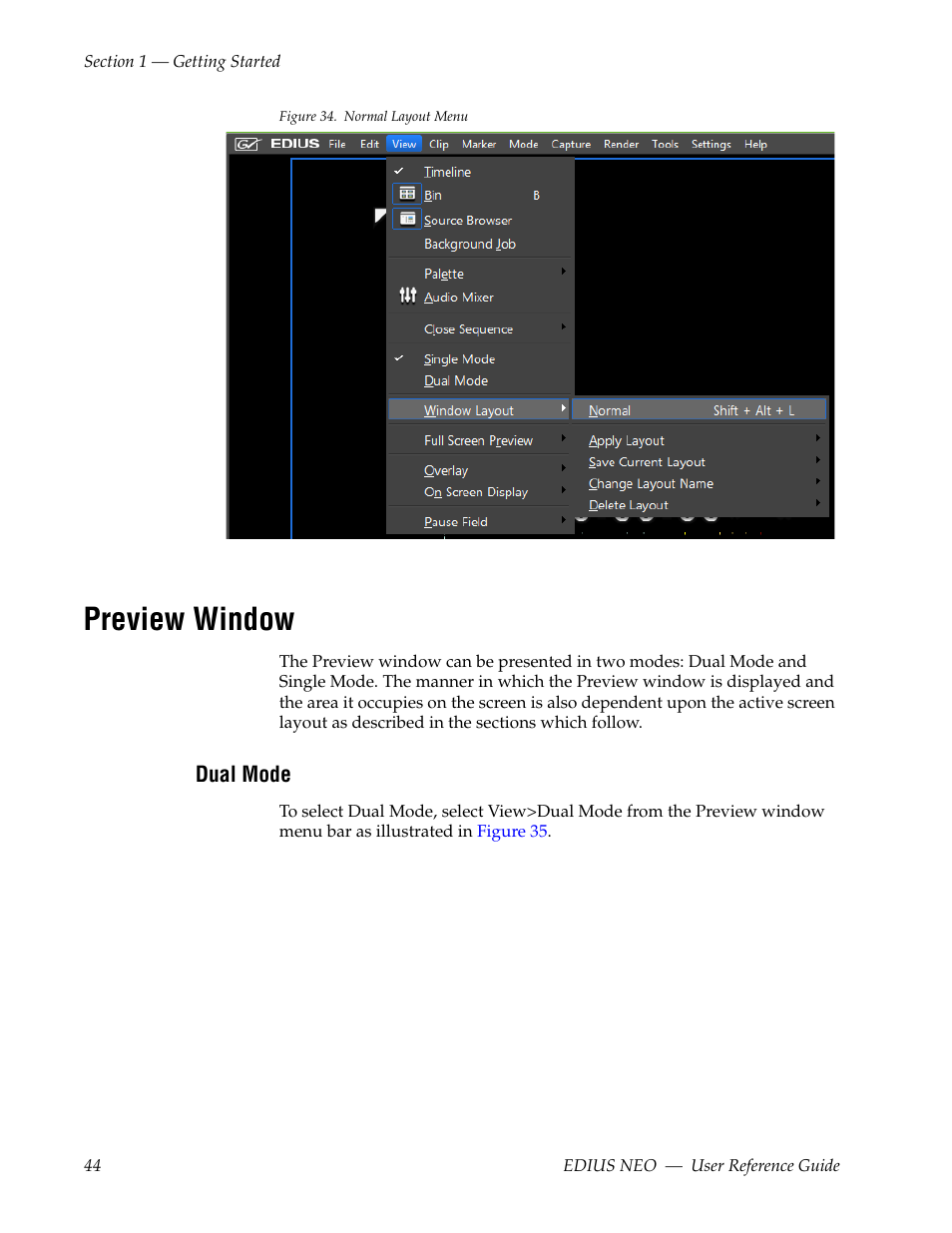 Preview window, Dual mode, For mor | D. see preview window | Grass Valley EDIUS Neo 3 User Manual | Page 46 / 802